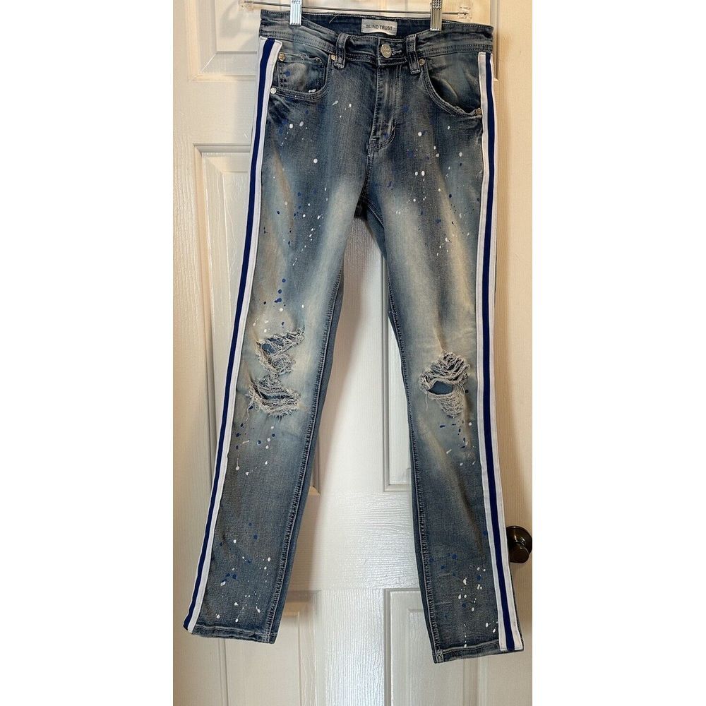 Blind Trust Skinny Twill Pants Blue/White‎ Stripes On Side Paint Splotches 30/32
